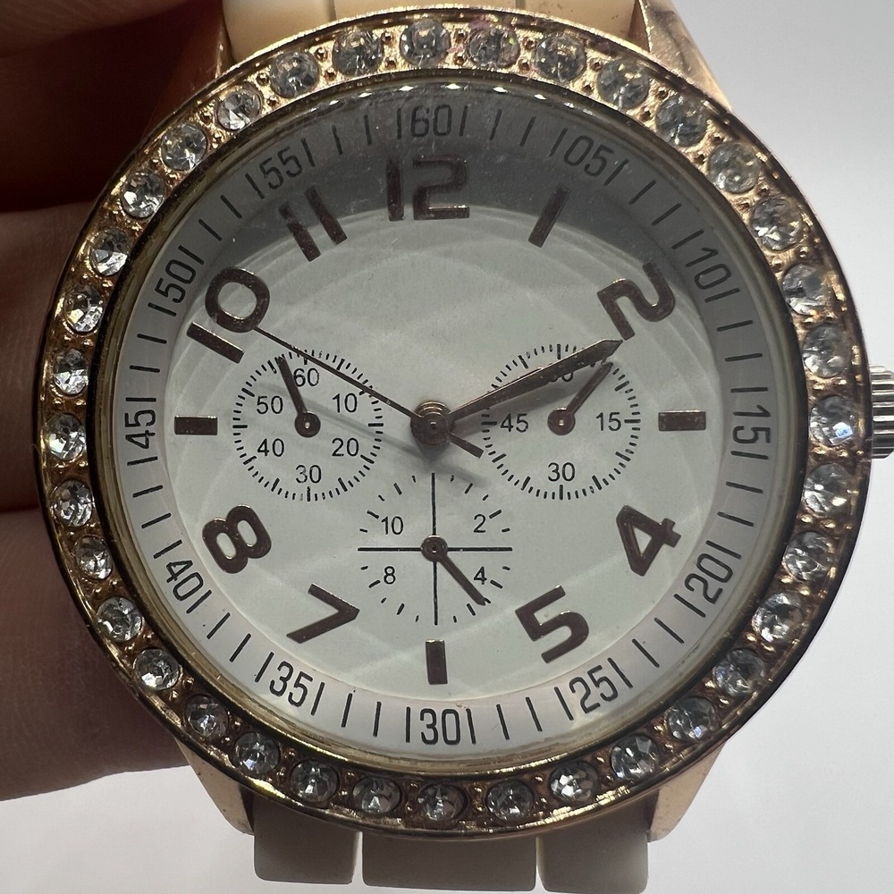 Ladies Trendy Round Rose Gold Tone Bezel‎ White Dial Poly Band Analog Watch J6